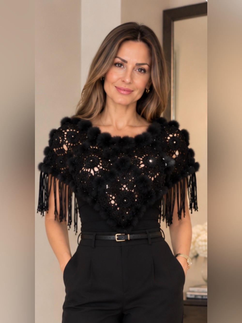 Firenze Collection 100% Rabbit Fur Black Crochet Poncho Shawl Fringe